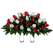 Sympathy Silks Artificial Cemetery Flowers 30" Red and White Rose Buds Saddle for Headstone