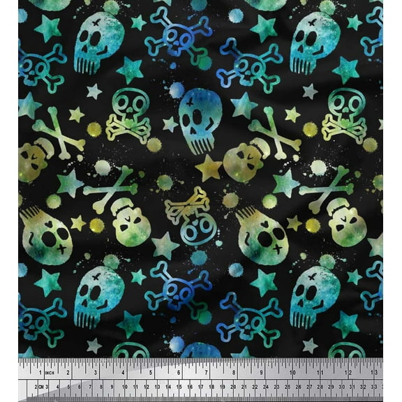 Soimoi Japan Crepe Satin Fabric Star,Crossbones & Skull Halloween Fabric Prints by Yard 42 Inch Wide
