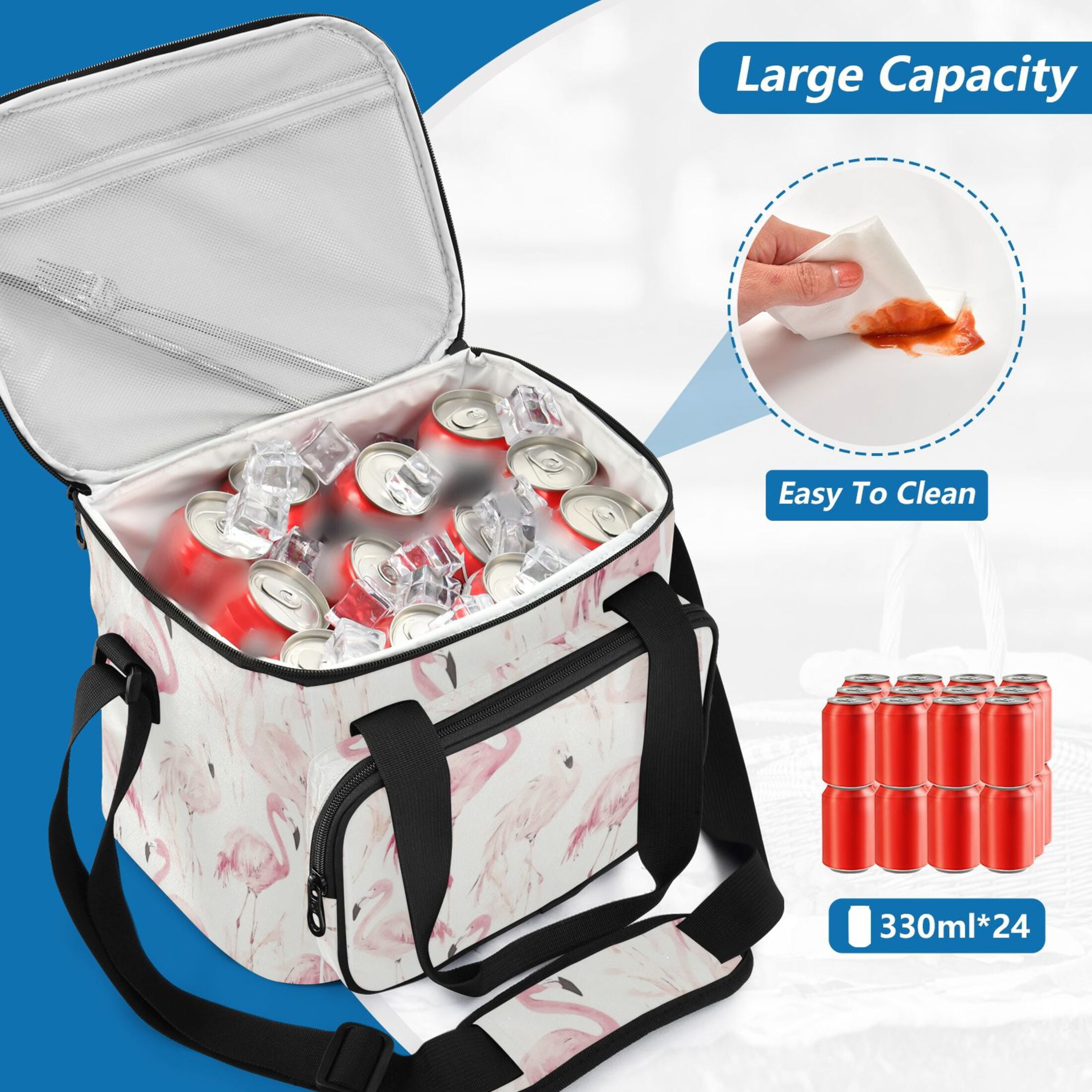 Insulated Cooler Bag with Multiple Pockets Lightweight Lunch Box Tote for Travel Beach Camping Office Pink Flamingos