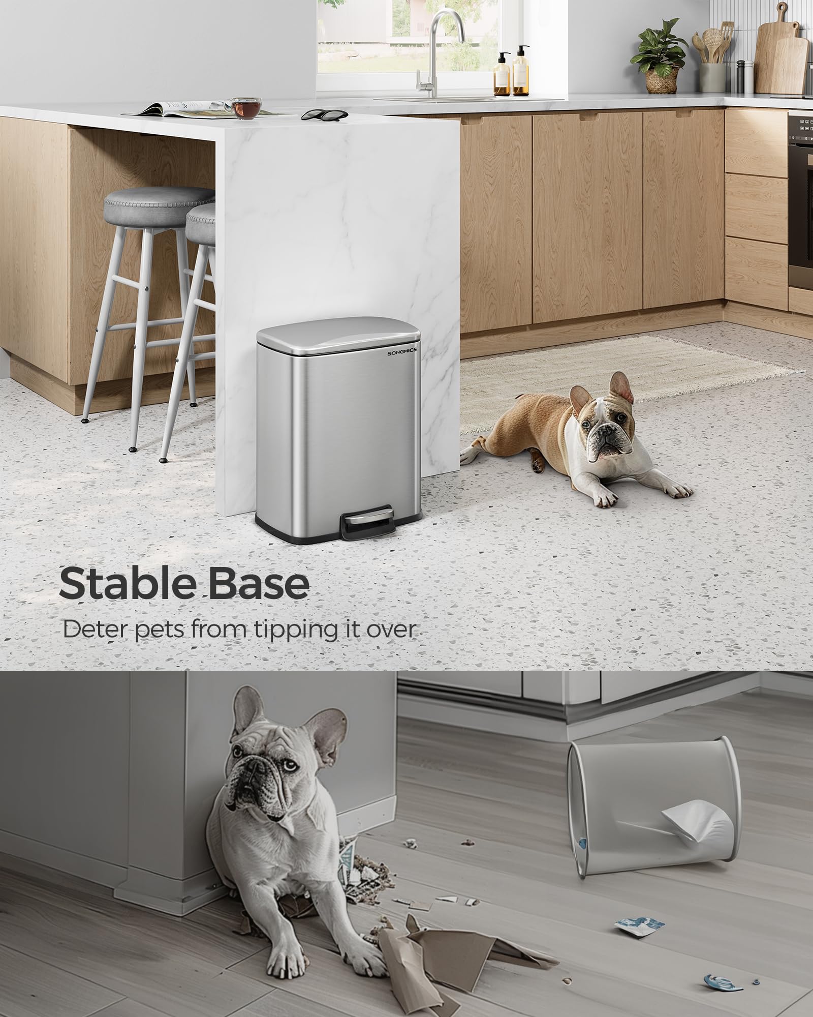 5.2-Gallon (20L) Trash Can, Garbage Can with Lid, Step Trash Bin for Kitchen, Stainless Steel, Soft Close and Stays Open, Inner Bucket, Includes 15 Trash Bags, Silver