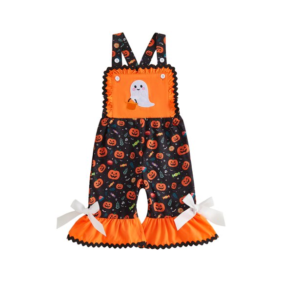 RUINIXCW Toddler Girls Halloween Overalls Adorable Ghost/Skull Embroidery Sleeveless Bell Bottoms Jumpsuit
