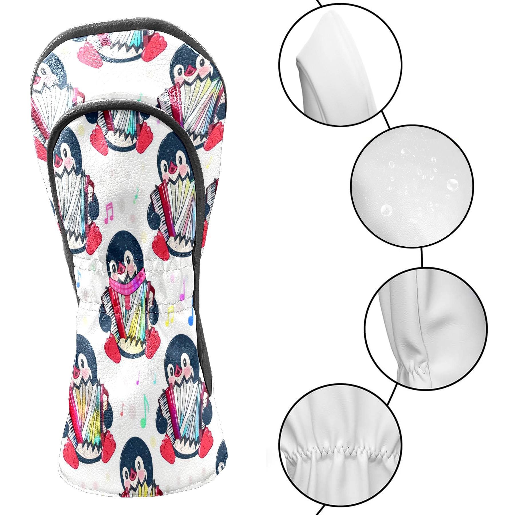 Golf Club Head Covers - Playful Penguin White Design, Premium PU Leather Driver Hybrid Headcovers with Velvet Lining, Waterproof Golf Gifts for Men Women