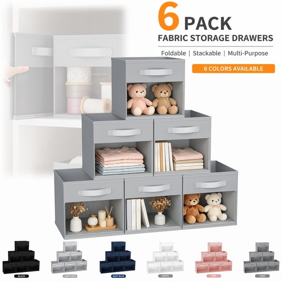 DIMJ Closet Organizers Boxs Fabric Storage Cubes,Collapsible Cube Fabric Storage Bins (12" x 12"), 6 Pack, Black