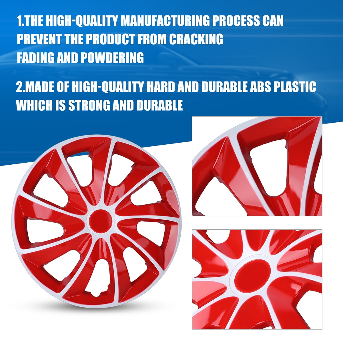 4-Pack 15 Inch Hubcaps,Special Design Fashion Shape Replacement Rim Cover Hubcaps,Car Truck SUV Wheel Hub Accessories-White&Red