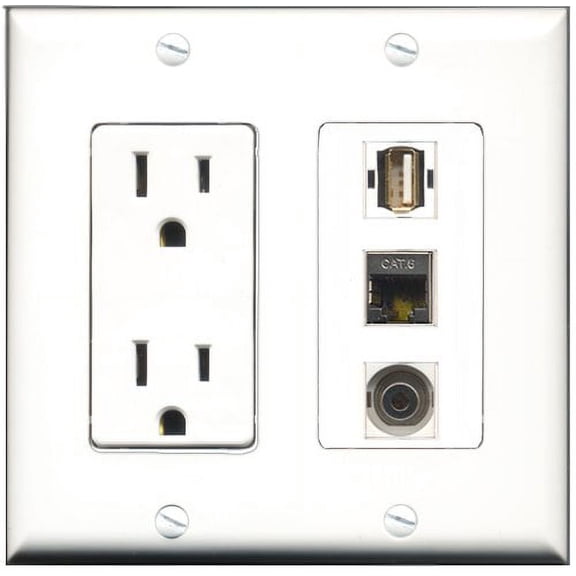 RiteAV - 15 Amp Power Outlet 1 Port USB A-A 1 Port Shielded Cat6 Ethernet Ethernet 1 Port 3.5mm Decorative Wall Plate