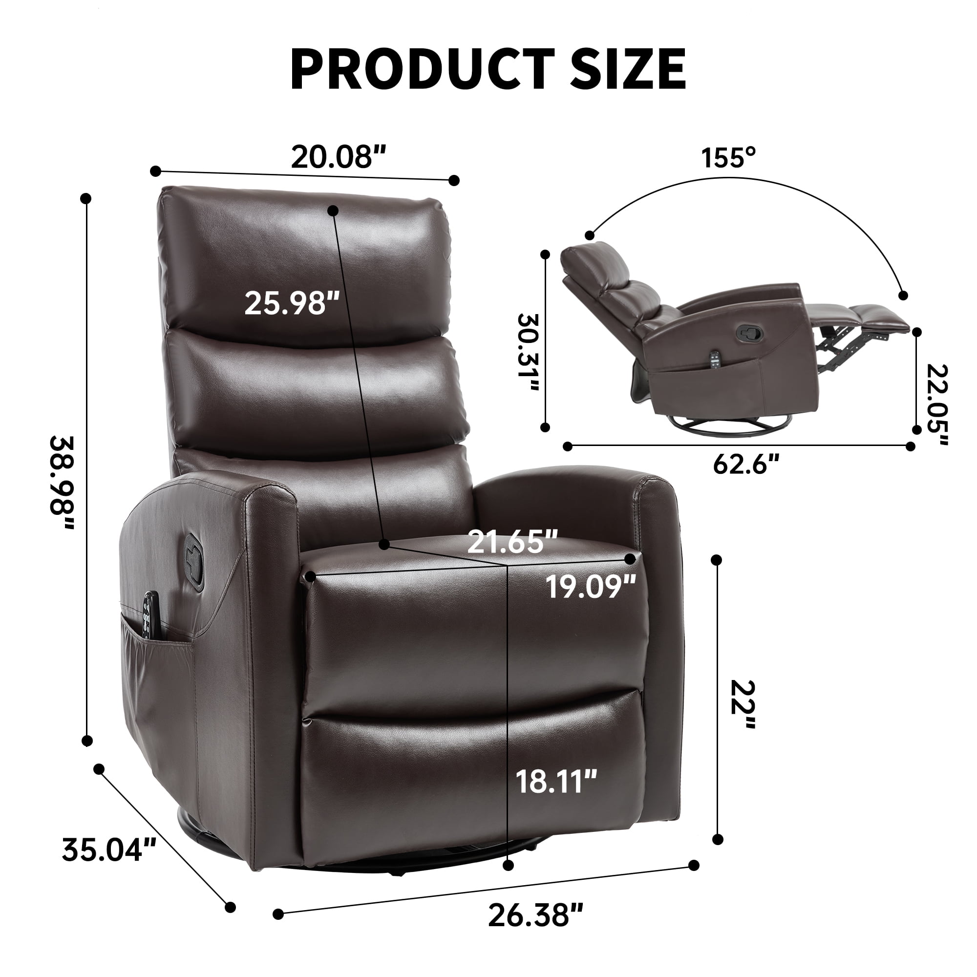 Leumius Swivel Recliner Chair,360° Glider Rocking Chair with Massage and Heating,PU Leather Small Manual Recliner for Nursery Home Theater,Brown PU
