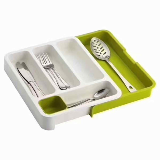 Organizador de cubiertos ergonómico, bandeja expandible para utensilios para cajones de cocina de varios tamaños, compartimentos de marca para una fácil clasificación, blanco/verde (39,1 x 30,5 x