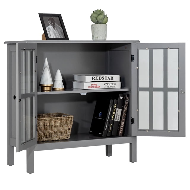 Giantex Armoire Console, Armoire de Rangement de Cuisine avec Porte en Verre, Buffet Console, Vitrine Serveur, Gris