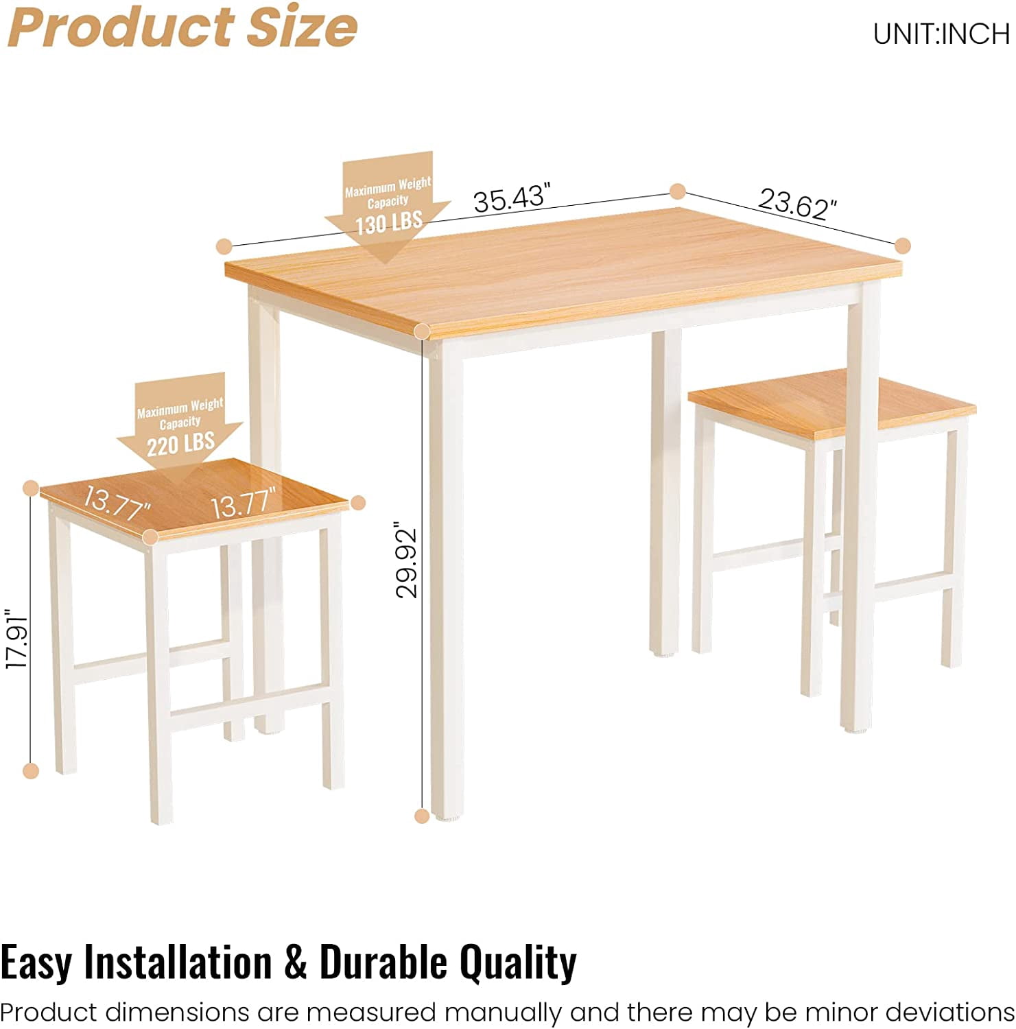 LinkRomat 3 Piece Dining Room Table Set for 2, 47" Farmhouse Dining Table with Benches, Rectangular Kitchen Sets for Small Space, Apartment, Restaurant, White & Walnut