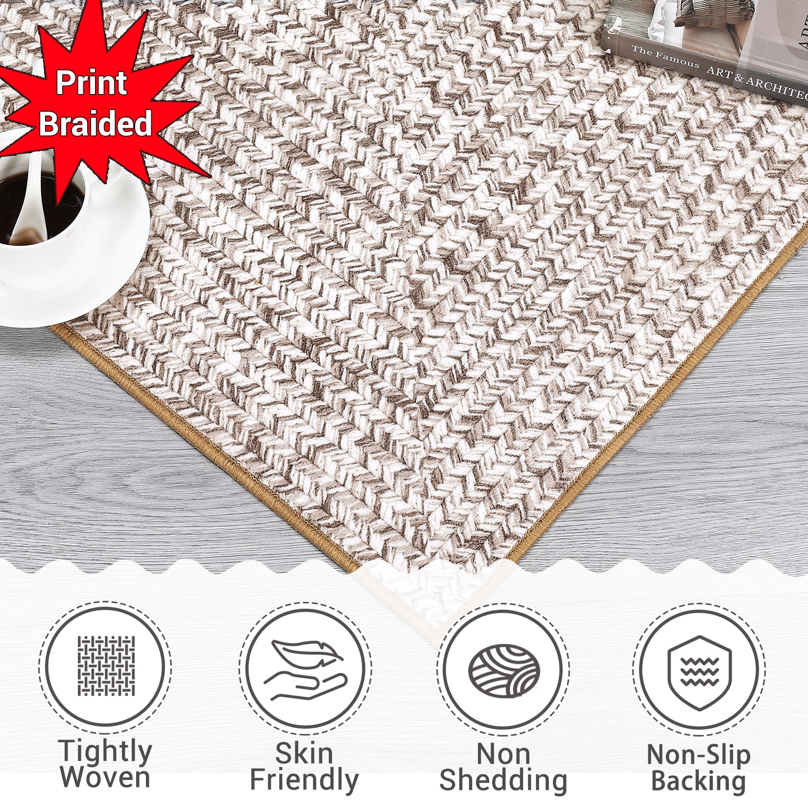 Garvee 2'x6' Runner Rugs Kitchen Entryway Braided Print Rugs, Machine Washable Non-Slip Low Pile Indoor Rugs for Hallway, Bedroom, Living Room, Beige