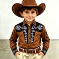 thumbnail image 2 of Likimi Toddler Girls Boys T Shirt Long Sleeved Cowboy Print Lapel Button Down Breathable Soft Tees Brown Size 4-5 Years, 2 of 4