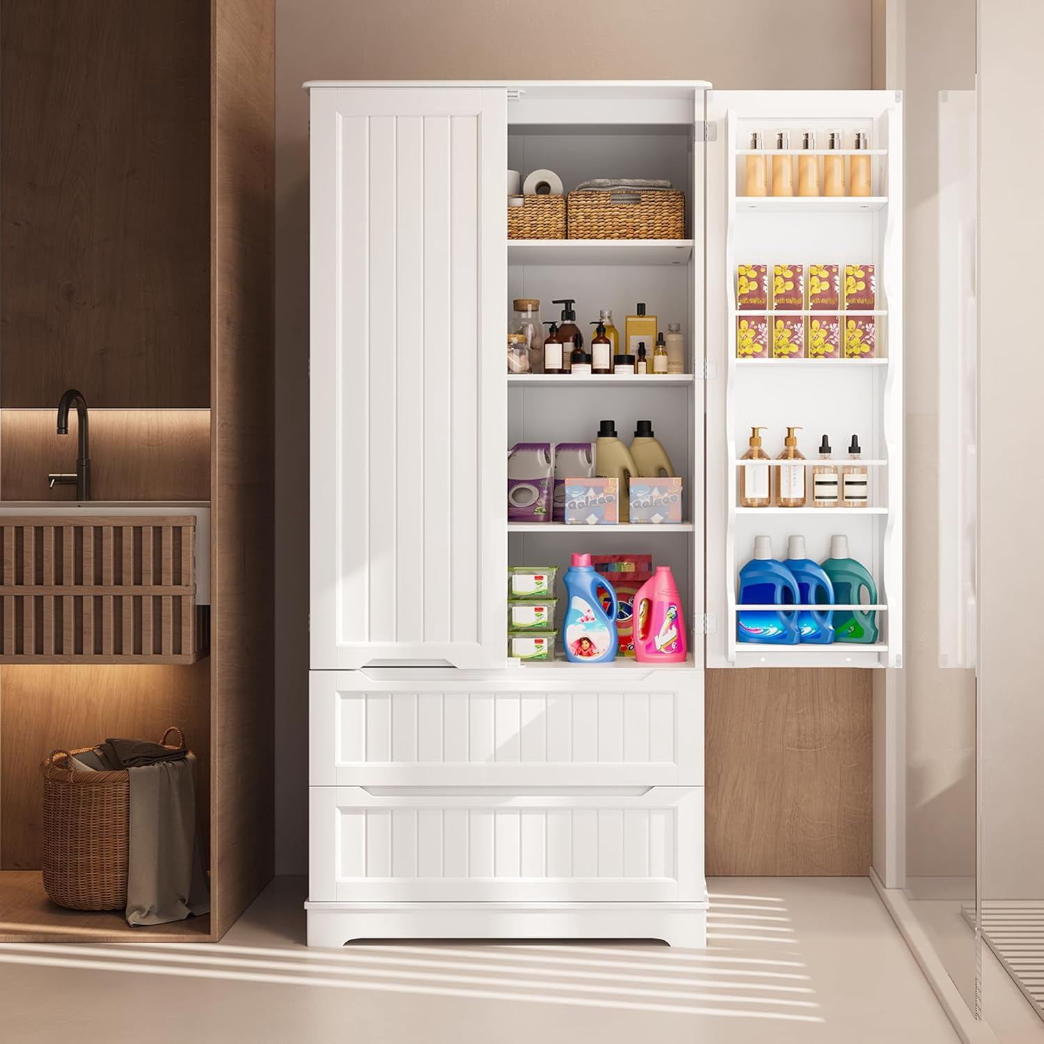 71" Tall Kitchen Pantry Cabinet with Drawers for Dining Room, Noelse Food Pantry Storage Cabinet with 8 Door Shelves for Snack and Spice, Large Craft Storage Cabinet for Craft Room, White, Painted