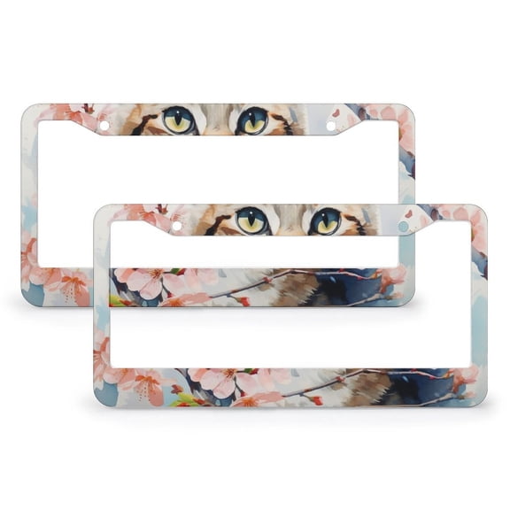 License Plate Cover Cat With A Pink Flower Car License Plate Frame 2 Pcs Set Cat Lover Girls Gifts Quality Aluminum License Plate Frame Car Accessories US Canada Standard
