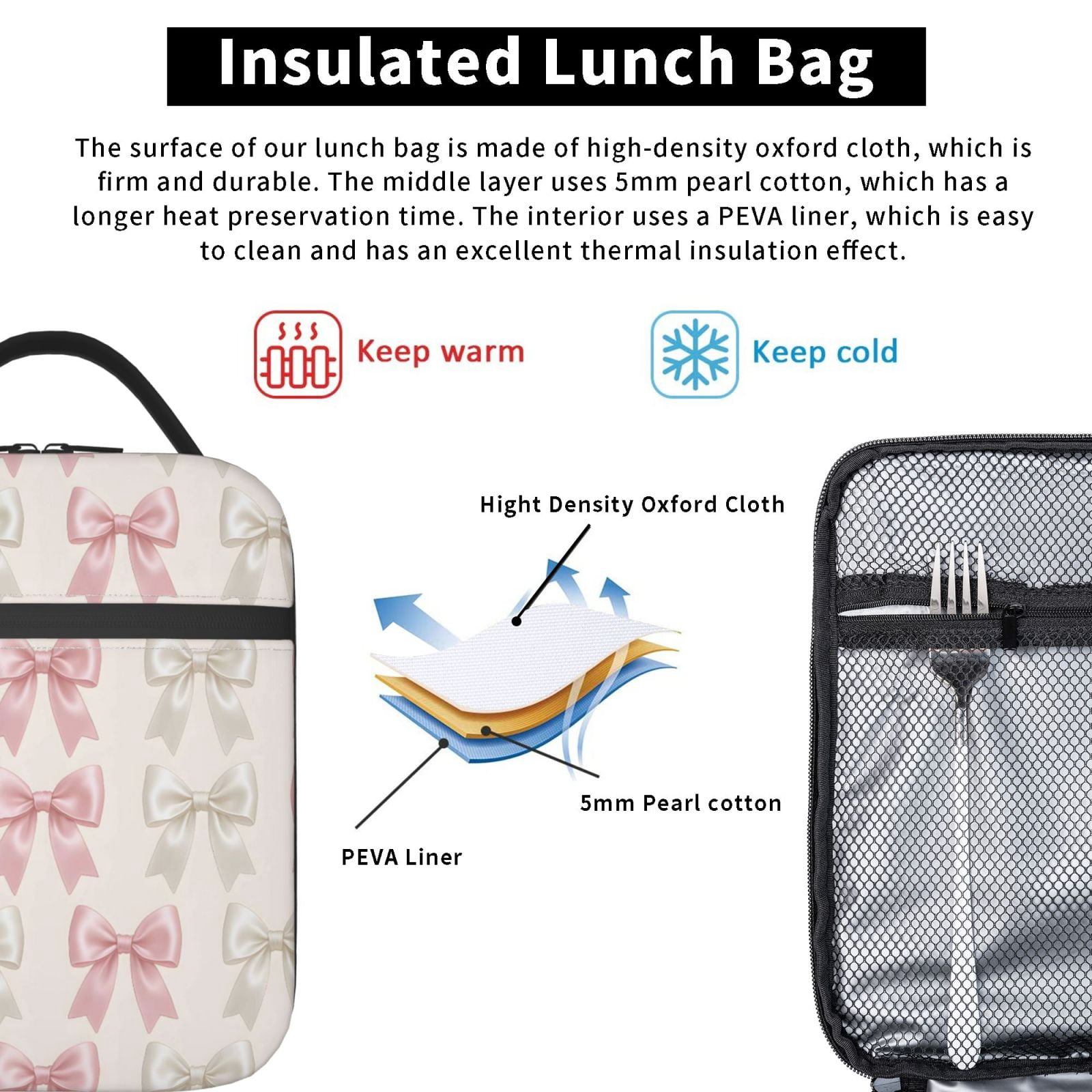 Lunch Bag For Women Men Insulated Portable Lunch Box Bento Box Office Picnic Travel Cooler Bag Elegant Pastel Satin Ribbon Bow Pattern