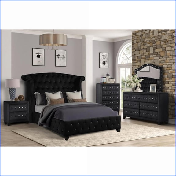 Bedroom Set 5-Piece Queen Upholstered Modern Glam Crystal Tufted Wood Black | Black | Wood