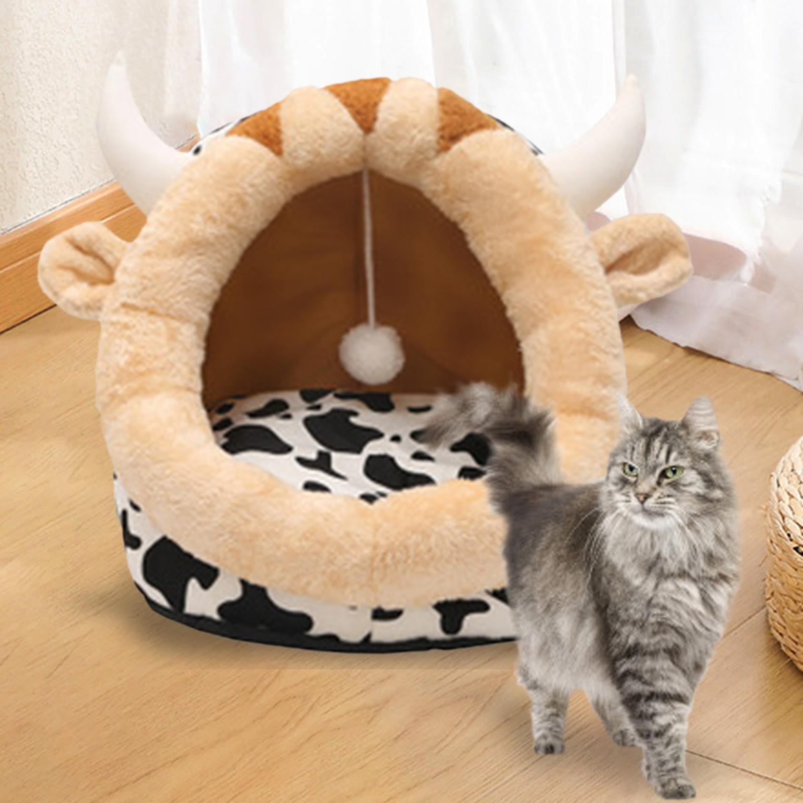 Cute Cat Bed, Pet House Dog Bed Cat Nest, Semi-enclosed Portable Rabbit  Kitty Hat, Decorative Kennel with Washable Cushion, Kitten Cave Tent , Cow,  S 