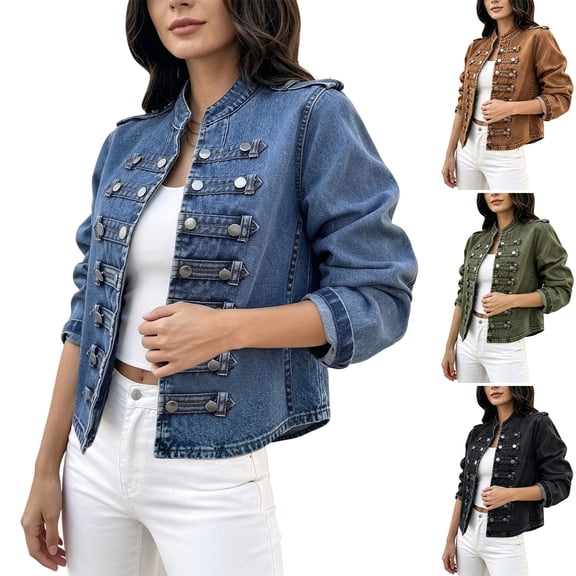 Women Cropped Denim Jacket, Stand Collar Military Style Coat, Epaulet Detail Outerwear, Double Button Denim Coat, Casual Long Sleeve Jean Jacket, Utility Cropped Outerwear Brown