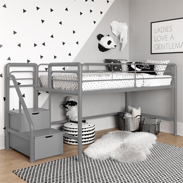 DHP Junior Metal Loft Bed with Storage Steps, Twin Size, Silver/Gray