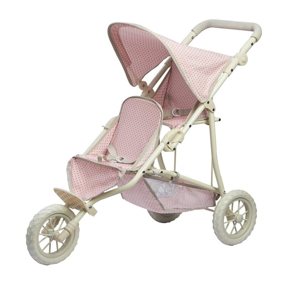 Teamson Kids Twin 16" Doll Stroller Buggy Double Baby Pushchair 3 Wheeler Foldable Pram Pink