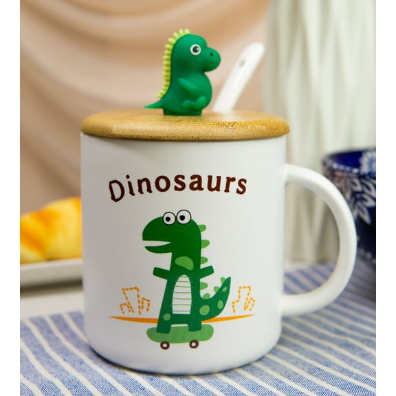 Ebros Pack Of 2 Green Baby Dinosaur On Skateboard Coffee Mugs With Lid And Spoon