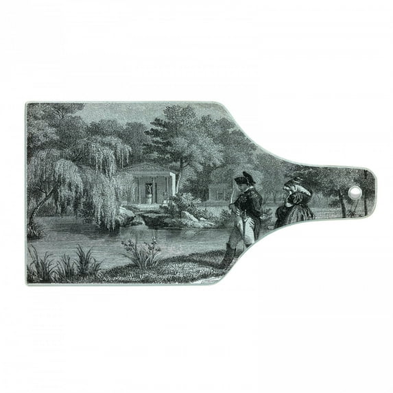 Vintage Cutting Board, Historical French Revolution Sketch with Napoleon and Woman in Garden Art, Decorative Tempered Glass Cutting and Serving Board, Wine Bottle Shape, Dark Grey Black, by Ambesonne