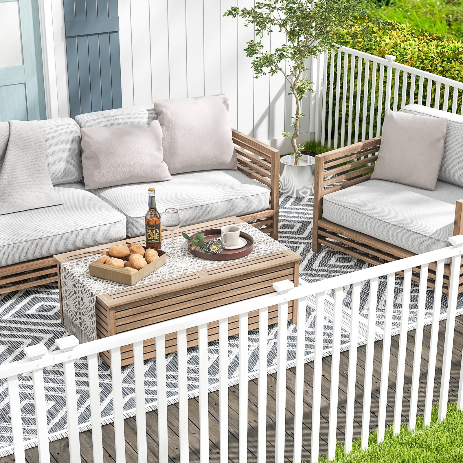 Patiojoy Garden Decoration Fence Pack of 2 Vinyl Picket Panels with Sharp Ground Stakes Protective Caps PVC Slatted No Dig Fence