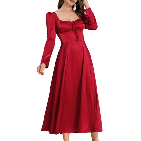 OBEEII Womens Maxi Satin Dress Puff Sleeve Square Neck Corset Midi Dress Sexy Backless Dresses Long Formal Cocktail Bridesmaid Dresses