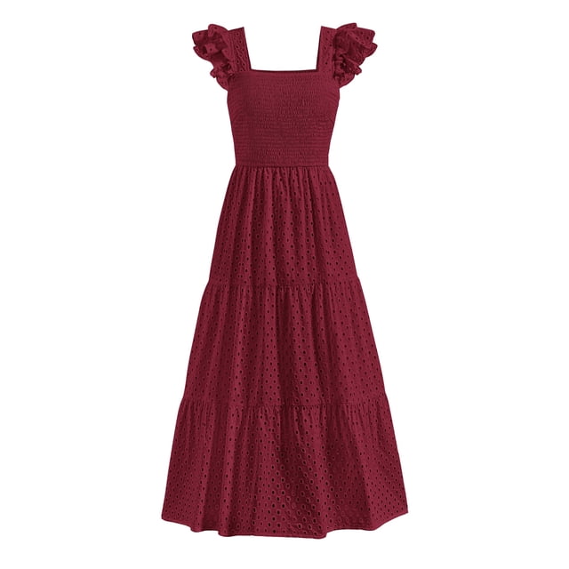 Vestido largo PRETTYGARDEN para mujer con cuello cuadrado y ojales, color rojo vino