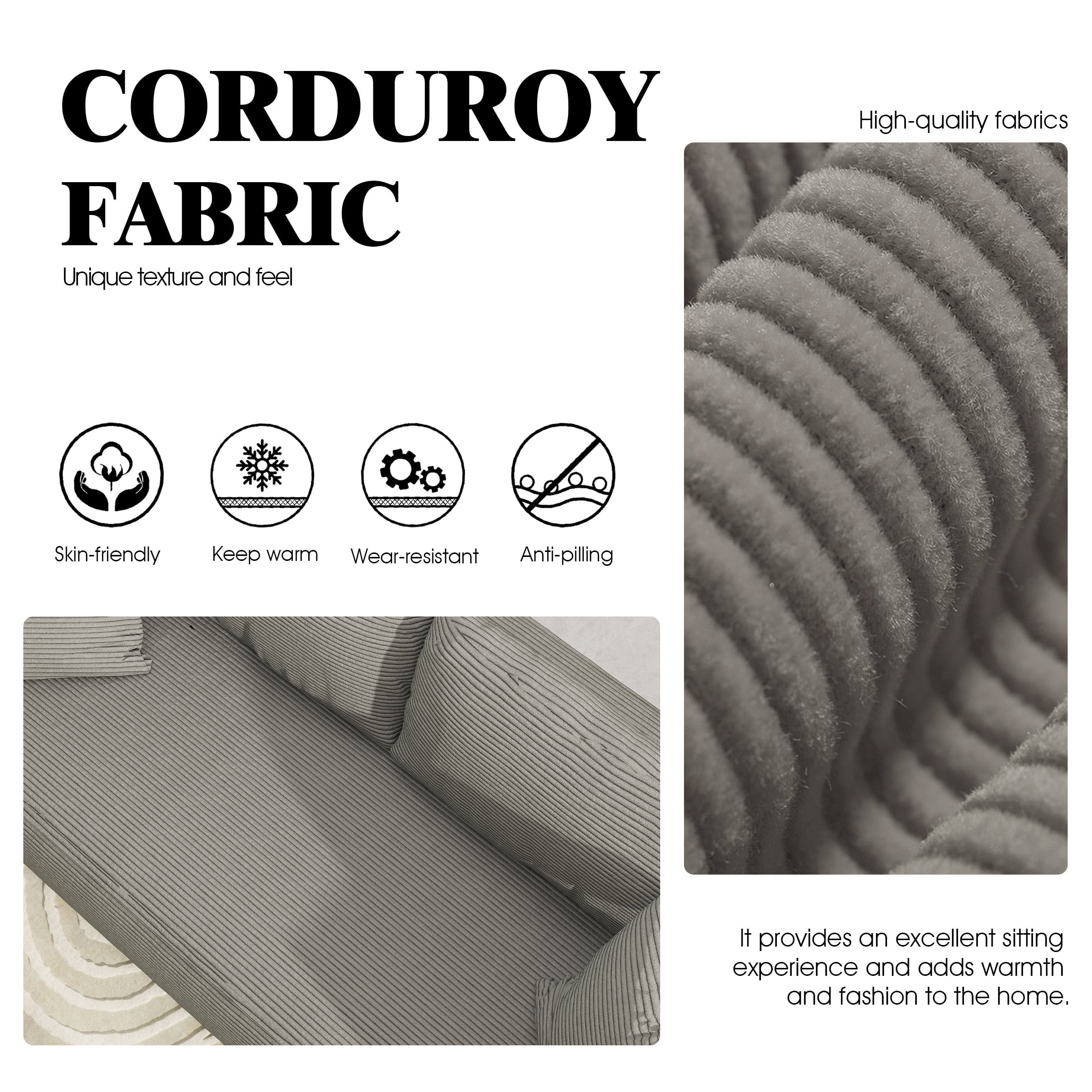 DEALTOPS 88" Loveseat Sofa, 3 Seater Pure Sponge Foam, Corduroy for Living Room, Easy Assembly，Gray