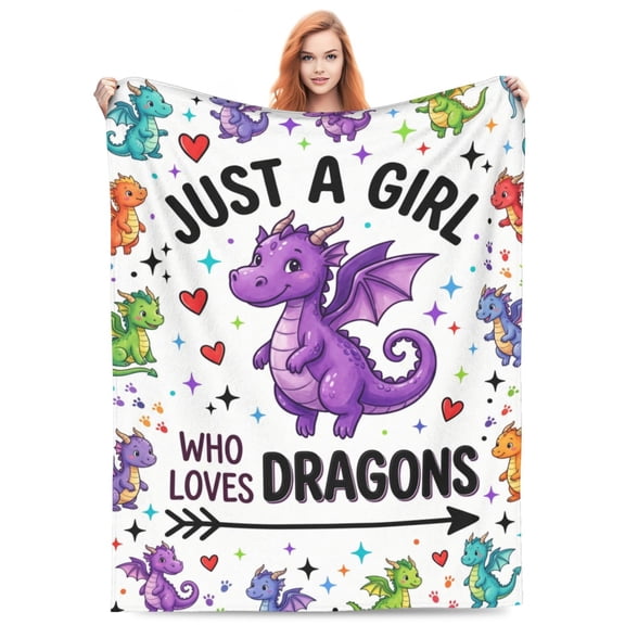 Dragon Blanket Merch, Just A Girl Who Loves Dragons Flannel Throw Blanket, Fantasy Dragon Blanket For Couch Bed Sofa, Lightweight Room Decor Blanket 50x40