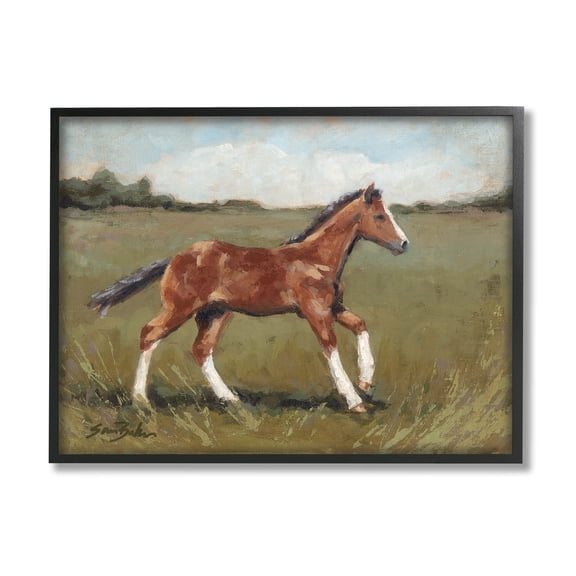 Horse Foal Galloping Countryside Animals & Insects Painting Black Framed Art Print Wall Art