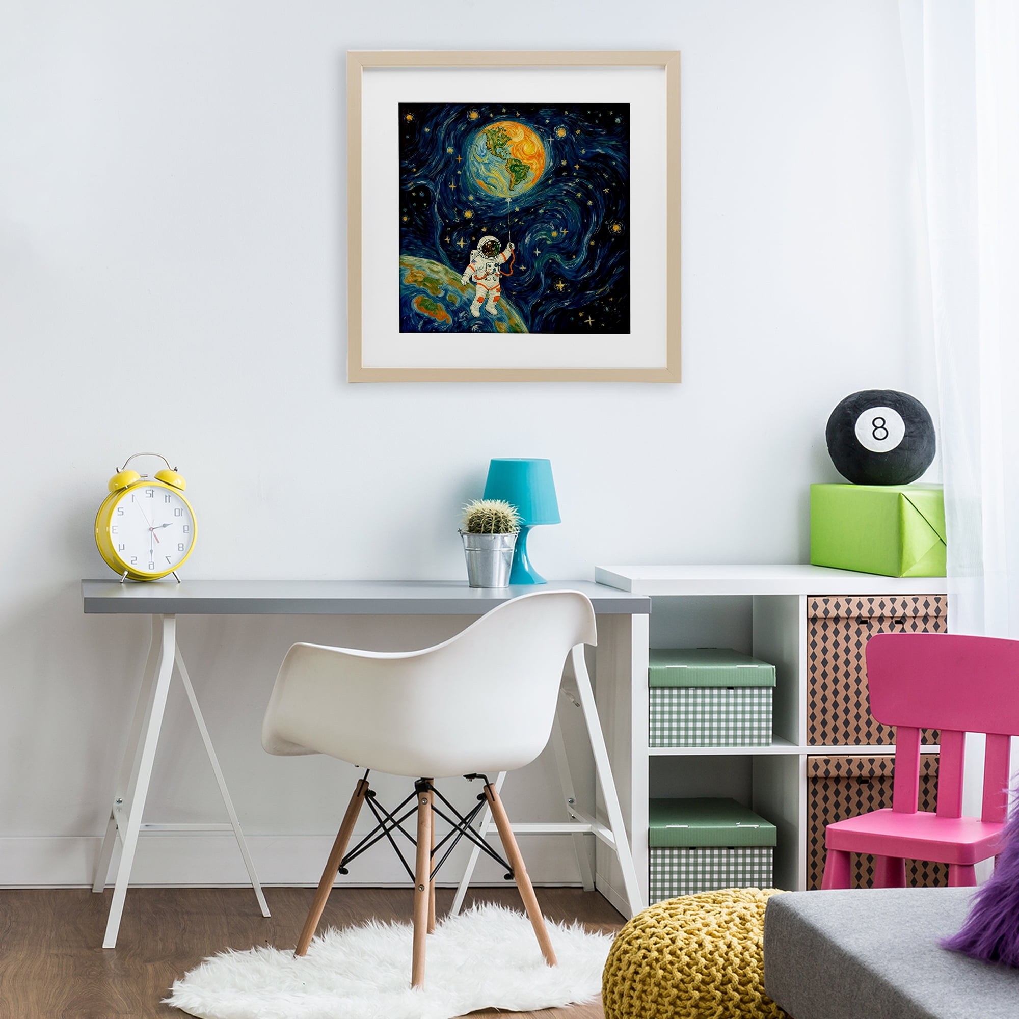 Astronaut with Earth Balloon Birch Framed Print Under Glass, design by Angie Hawke