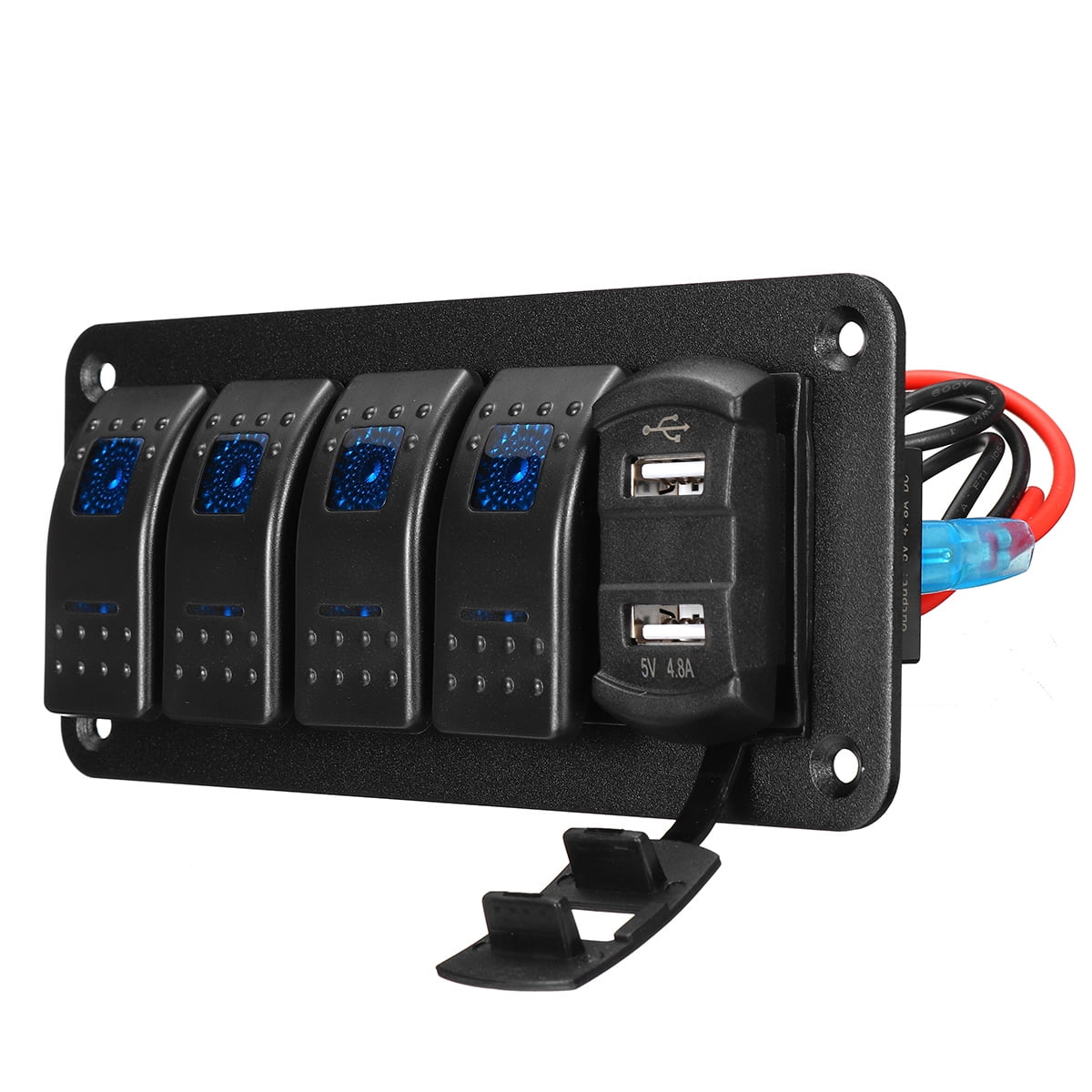 X AUTOHAUX 4 Gang Rocker Switch Panel 3 Pin on OFF Pre-Wired Toggle Switch  Control Waterproof Aluminum Alloy Blue LED Light Push Button for 12V 24V