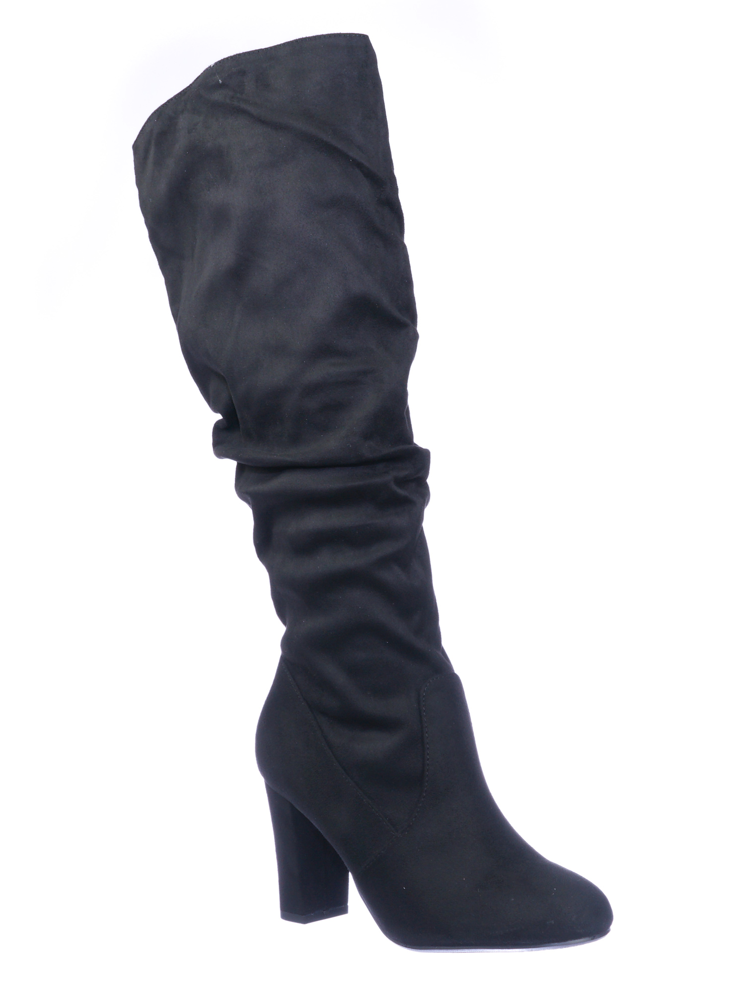 Delicious High Heel Slouchy Boots - Womens Wrinkled Block Heel Shoe, Black f-Suede