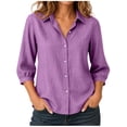 thumbnail image 4 of GERsome Button Down Shirts for Women 3/4 Sleeve Collared V-Neck Casual Work Blouses Tops Purple M, 4 of 6