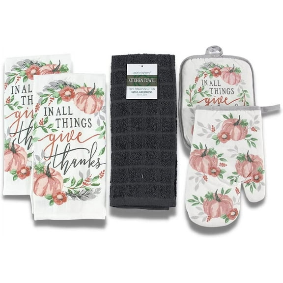 Serafina Home 5-Piece Contemporary Fall Harvest Thanksgiving Cotton Kitchen Towels and Pot Holder Set