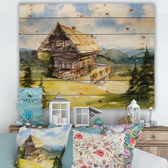 Designart 'Old Cottage At Summer With Peaceful Landscape' Traditional Print on Natural Pine Wood