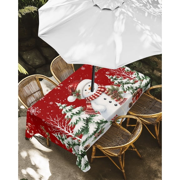 Outdoor Tablecloth with Umbrella Hole, Winter Snowman Pine Tree Zippered Table Cloth for Rectangle Tables, Candy Canes Christmas Red Washable Waterproof Tablecloths for Picnic Patio Garden