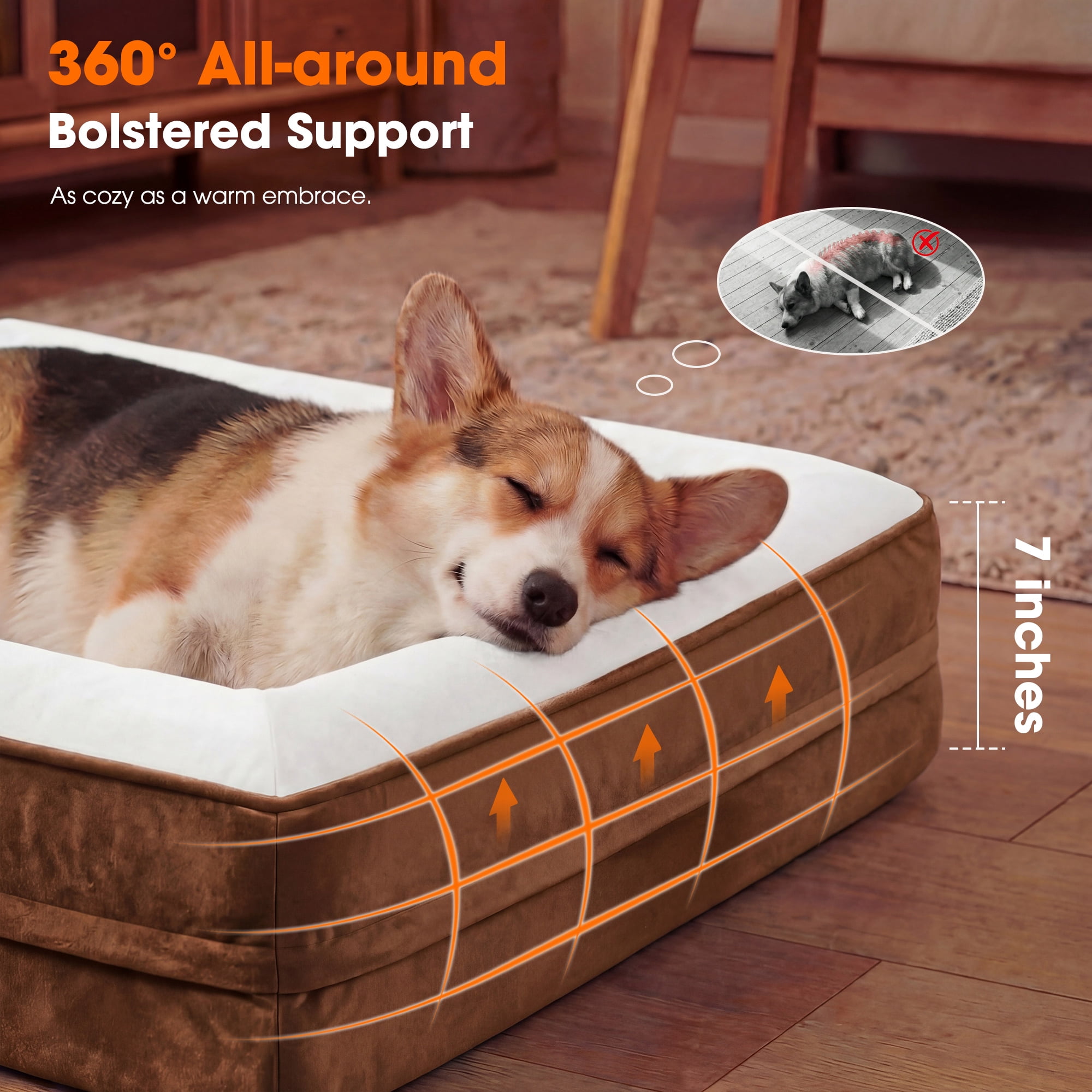 Orthopedic Dog Bed Large Waterproof Pet Sofa Bed Four-Sided Bolster Cushion Dog Couch with Removable Washable Cover,Brown