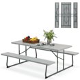 thumbnail image 1 of Costway Folding Picnic Table with 2 Benches All Weather Wood-like Tabletop Umbrella Hole Grey, 1 of 10