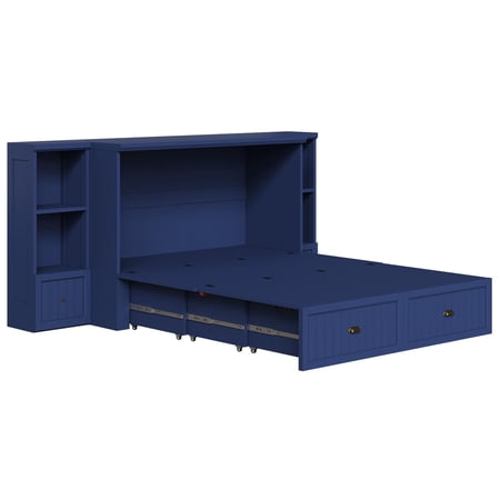 Amerlife Full Size Murphy Bed, Foldable Cabinet with 3 Storage Drawers & Charging Station, Farmhouse Hideaway Bed for Bedroom, Guest Room, Navy Blue