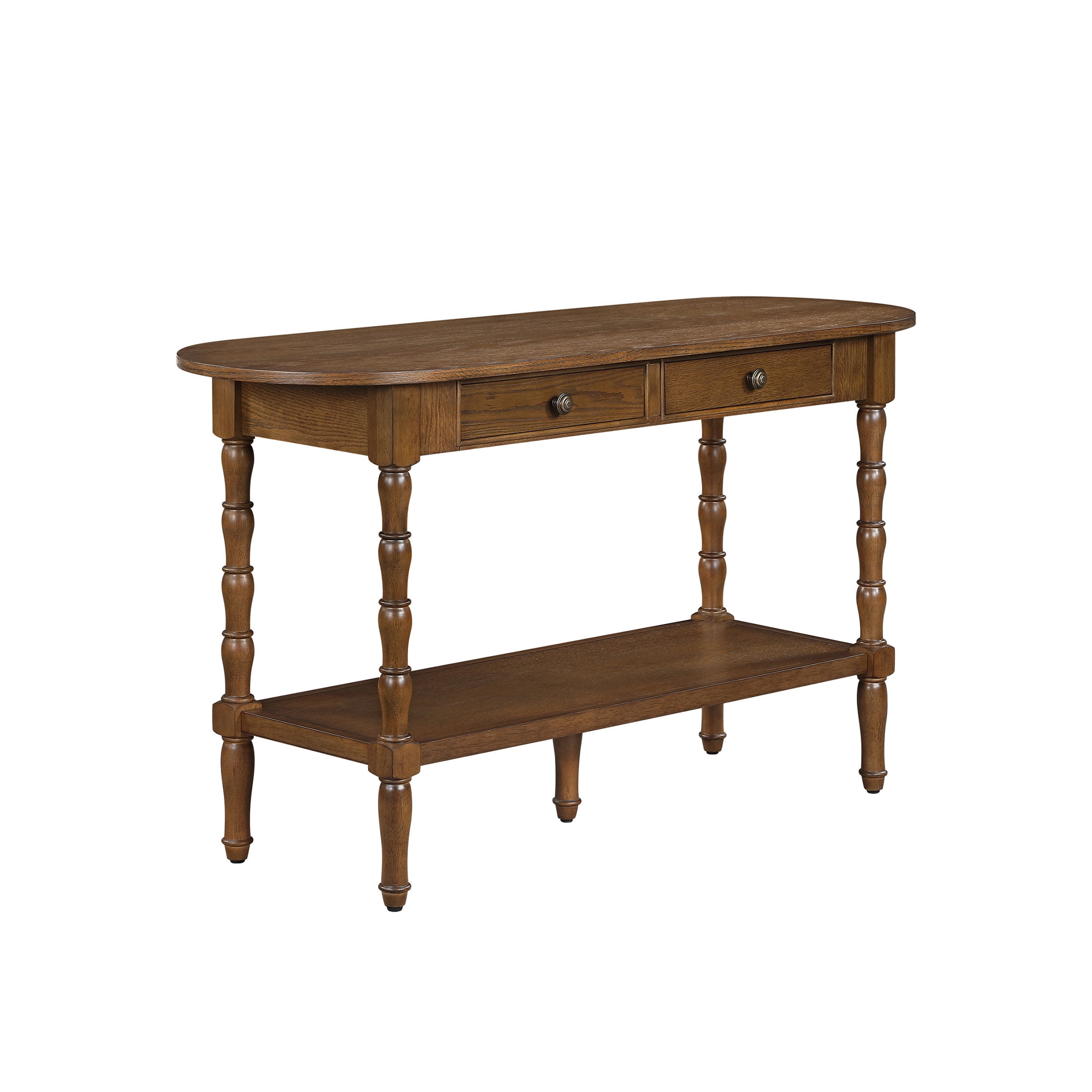 My Texas House Lewis Console Table in Warm Brown with Oval Top and Storage Drawers