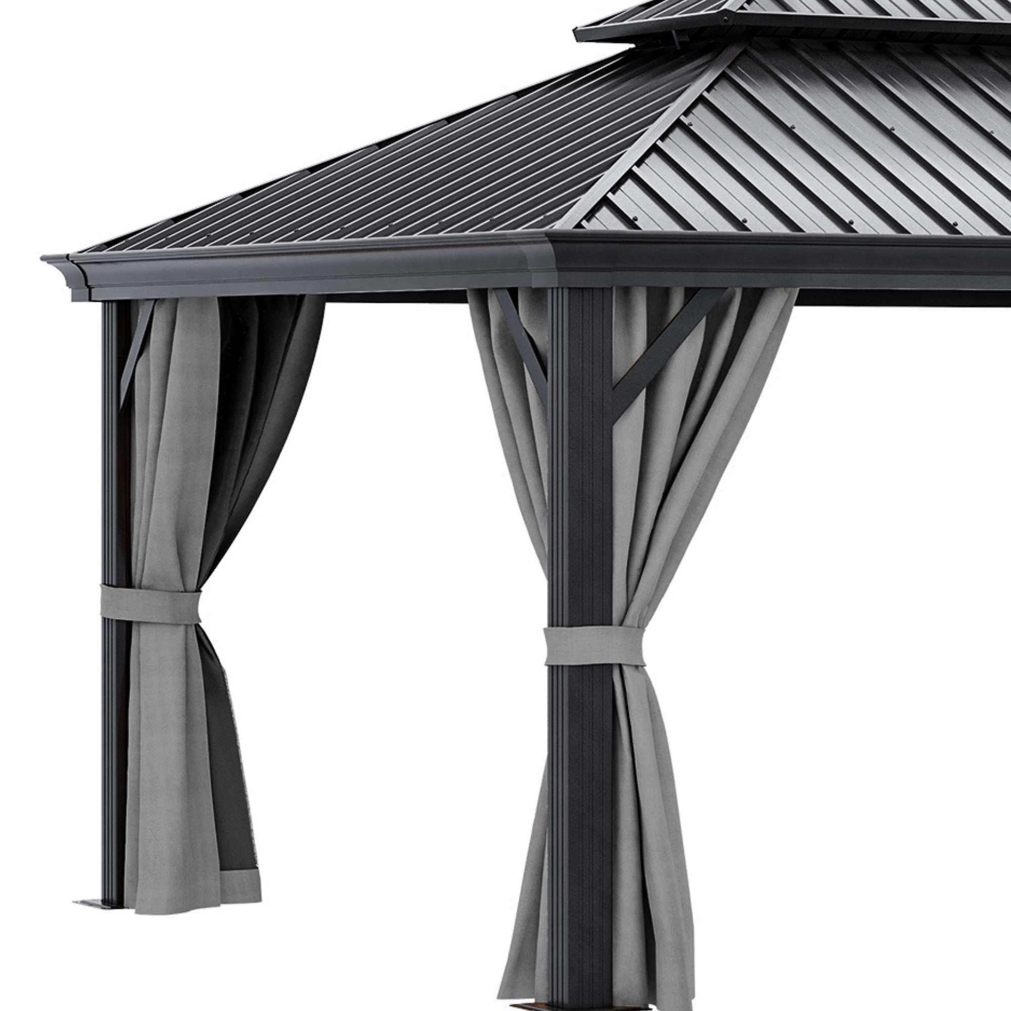 Dextrus 12' x 16' Large Outdoor Hardtop Gazebo with Netting & Curtains, Heavy Duty Double Roof Galvanized Steel Garden Tent for Patio, Backyard, Black&Gray