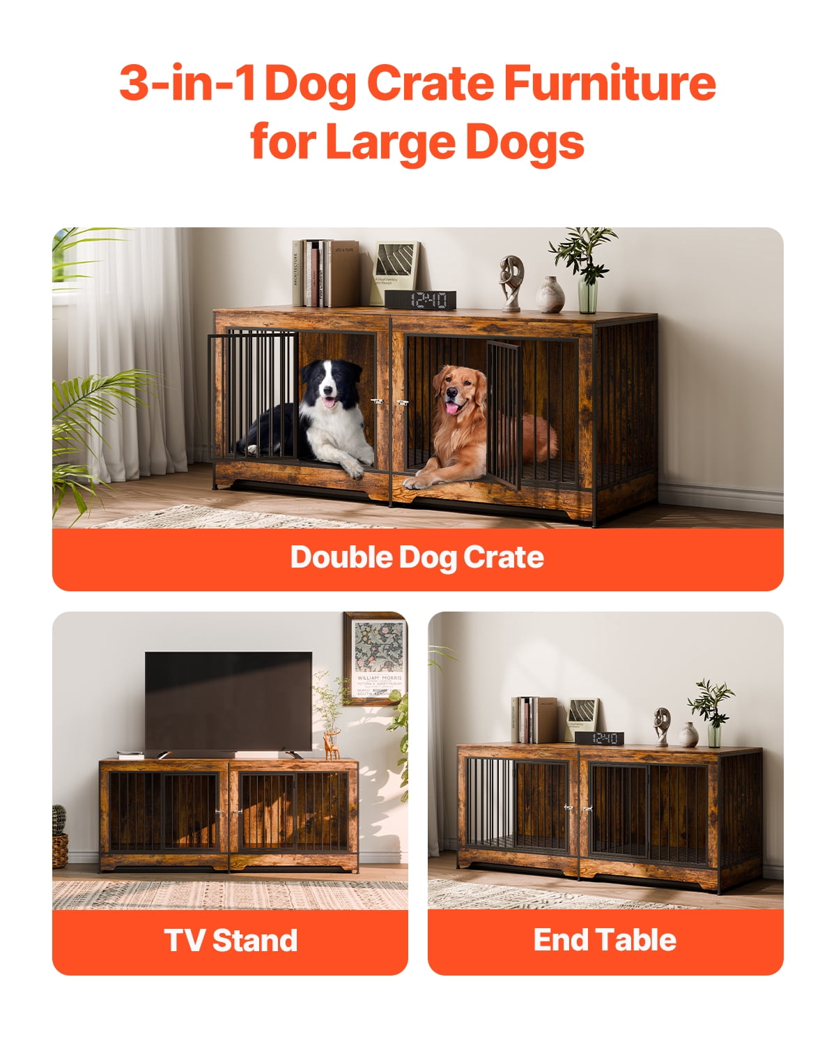 VEVOR 75" Dog Crate Furniture for 2 Dogs, Extra Large Double Dog Crate Furniture Large Breed with Divider & Double Doors, Large Wooden Dog Crate Furniture TV Stand for Medium Large Dogs Brown