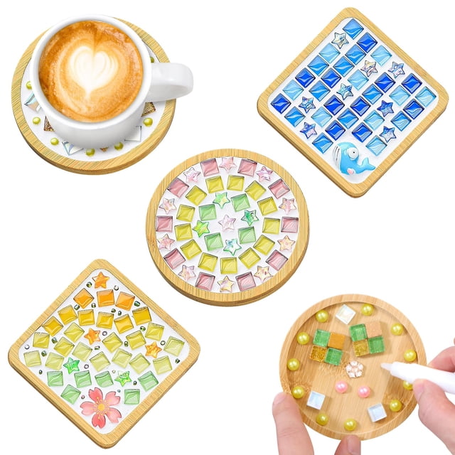 Juego de mosaicos de bricolaje UXORSN con posavasos de bambú de 9,5 cm
