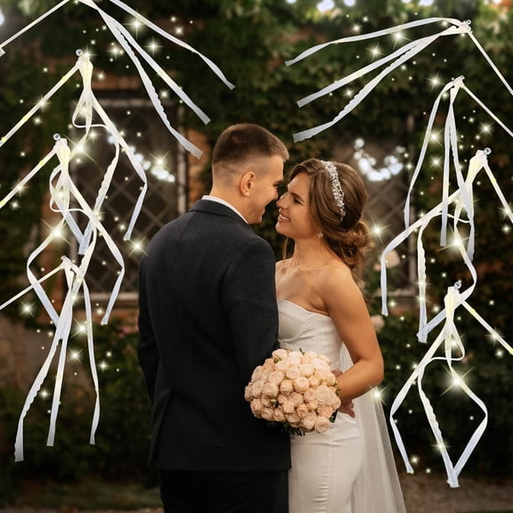 Light Up Wedding Wands, LED Wands Streamers with 3 Flashing Modes, Glow Fairy Wands with Ribbons & Bells for Wedding, Graduation, New Year, Birthday Party, Concert, Celebrations
