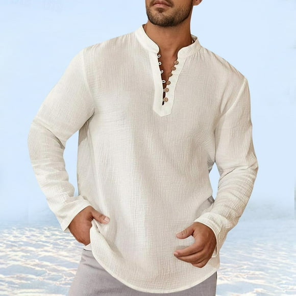 Gspmoly Shirts for Men, Men'S and Linen Solid Color Fashion Long-Sleeved Lapel Top/Shirt Men Top up to 70% Off