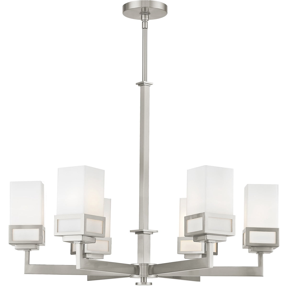 6 Light Brushed Nickel Chandelier with Hand Blown Satin Opal White Glass Shade