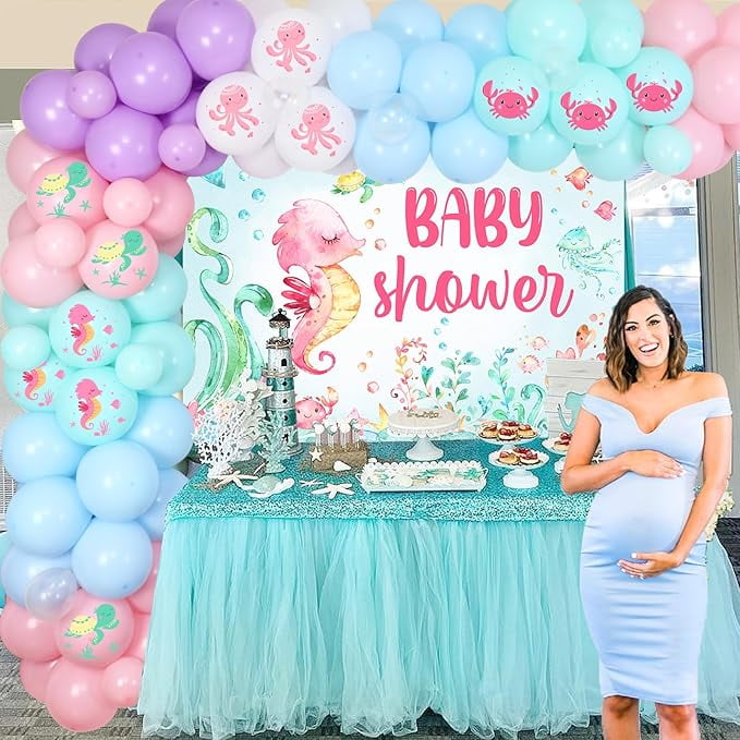 Ocean Themed Baby Shower for Girl - Under The Sea Baby Shower Decorations Balloon Garland Arch Kit, Octopus Seahorse Bubble Fish Foil Balloons with Baby Shower Backdrop for Ocean Baby Shower Party