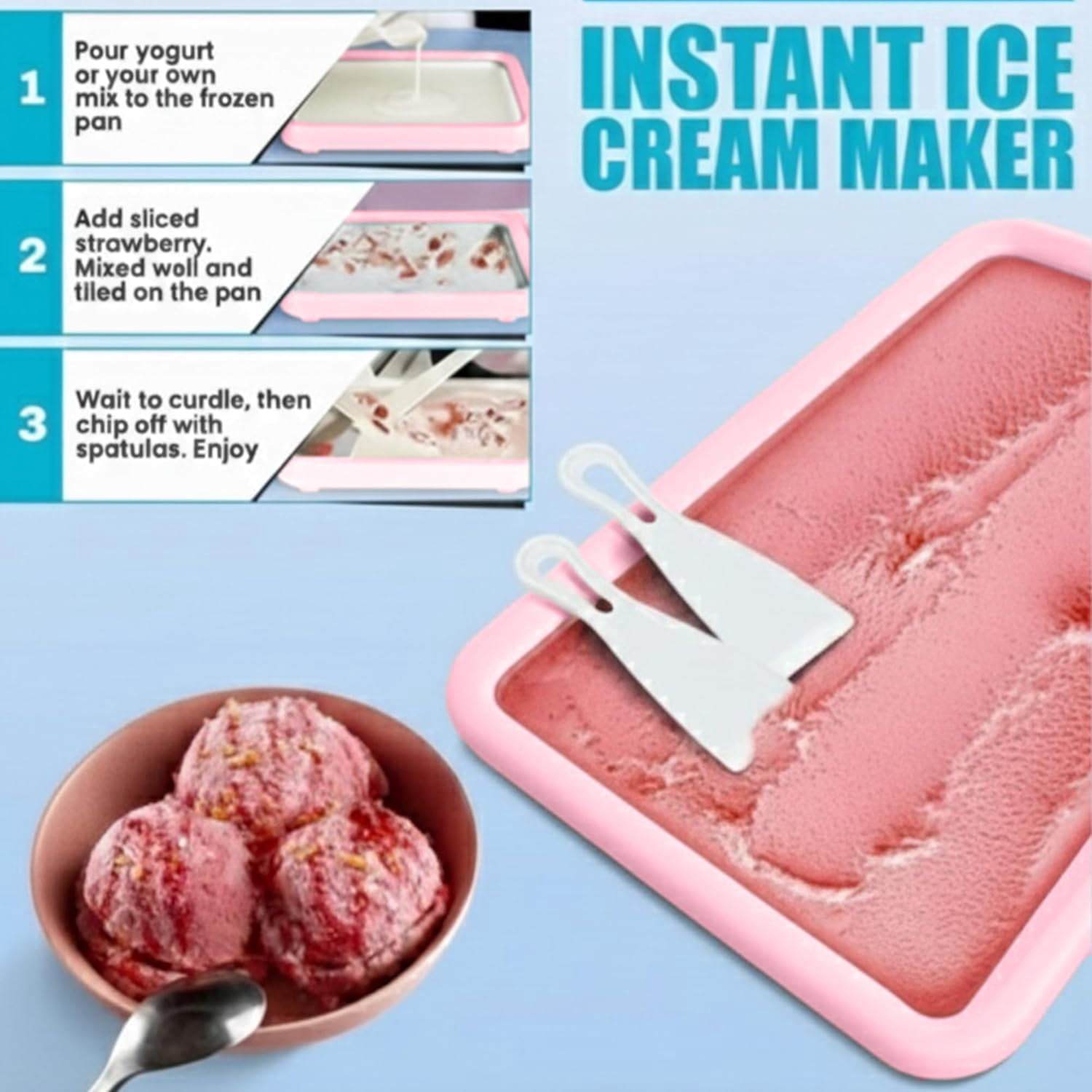Large Rolled Ice  Maker Tray - Manual Roll Your Own Ice   for Family Fun - Light Pink Stainless Steel